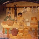 Affresco medievale di venditori, commercianti e produttori